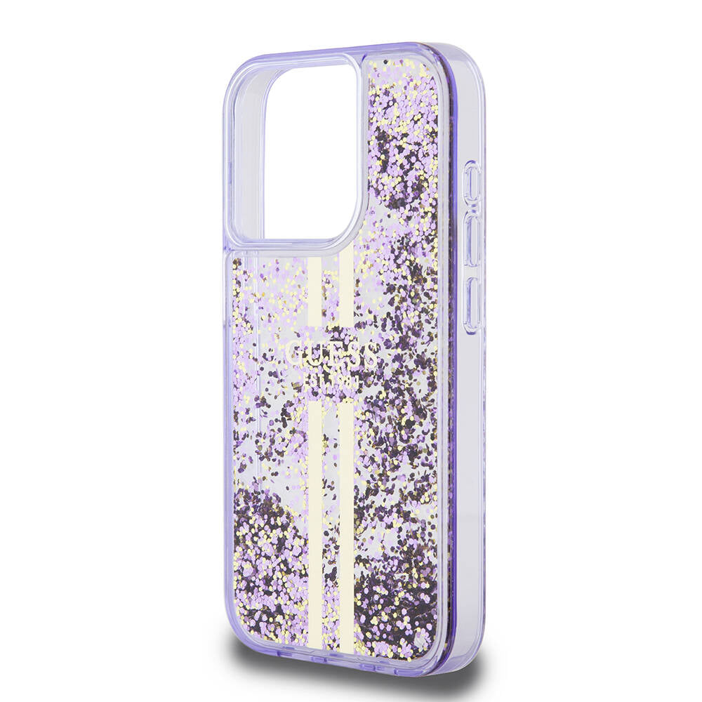 Apple iPhone 15 Pro Case Guess Original Licensed Transparent Liquid Glitter Gold Striped Cover Purple