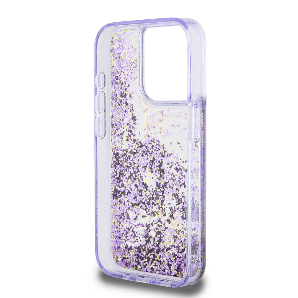 Apple iPhone 15 Pro Case Guess Original Licensed Transparent Liquid Glitter Gold Striped Cover Purple