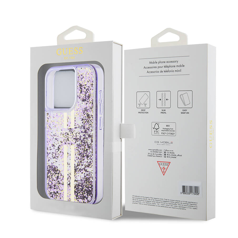 Apple iPhone 15 Pro Case Guess Original Licensed Transparent Liquid Glitter Gold Striped Cover Purple