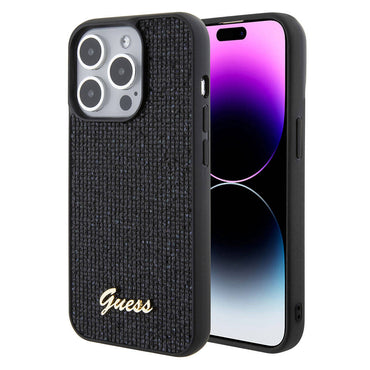 Apple iPhone 15 Pro Case Guess Original Licensed Disco Script Metal Cover Gold with Text Logo