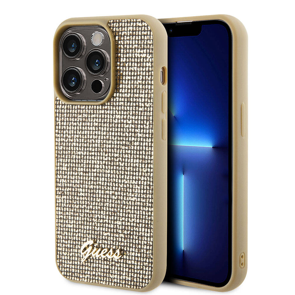 Apple iPhone 15 Pro Case Guess Original Licensed Disco Script Metal Cover Gold with Text Logo