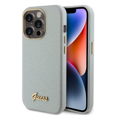 Apple iPhone 15 Pro Case Guess Original Licensed Glitter Glossy Script Cover Gray with Text Logo