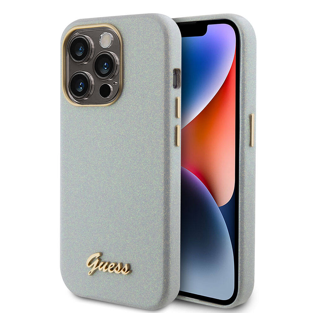Apple iPhone 15 Pro Case Guess Original Licensed Glitter Glossy Script Cover Gold with Text Logo
