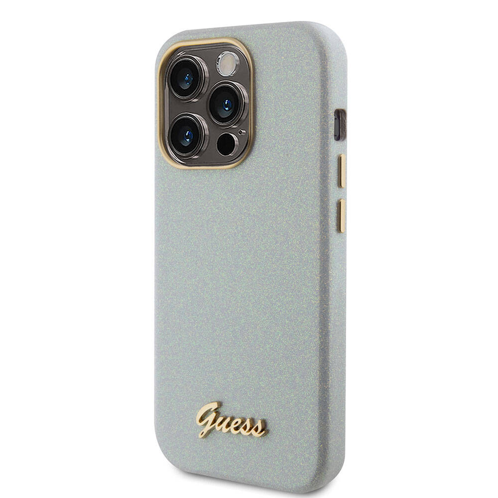 Apple iPhone 15 Pro Case Guess Original Licensed Glitter Glossy Script Cover Gray with Text Logo