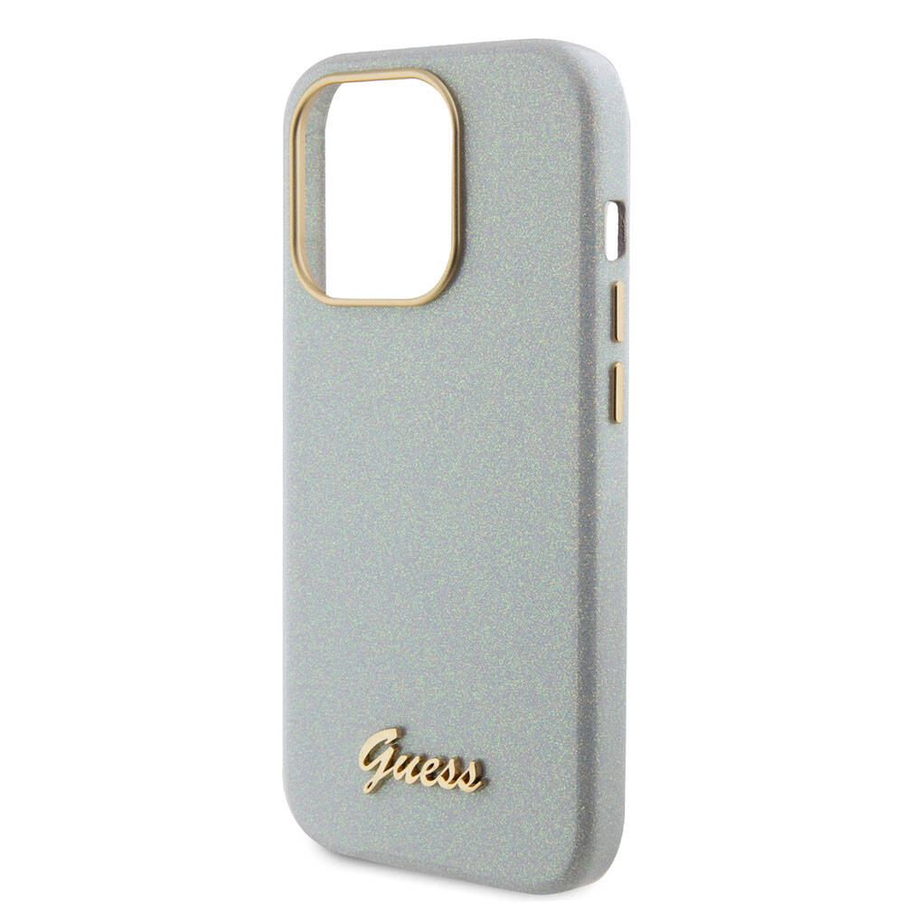 Apple iPhone 15 Pro Case Guess Original Licensed Glitter Glossy Script Cover Gray with Text Logo