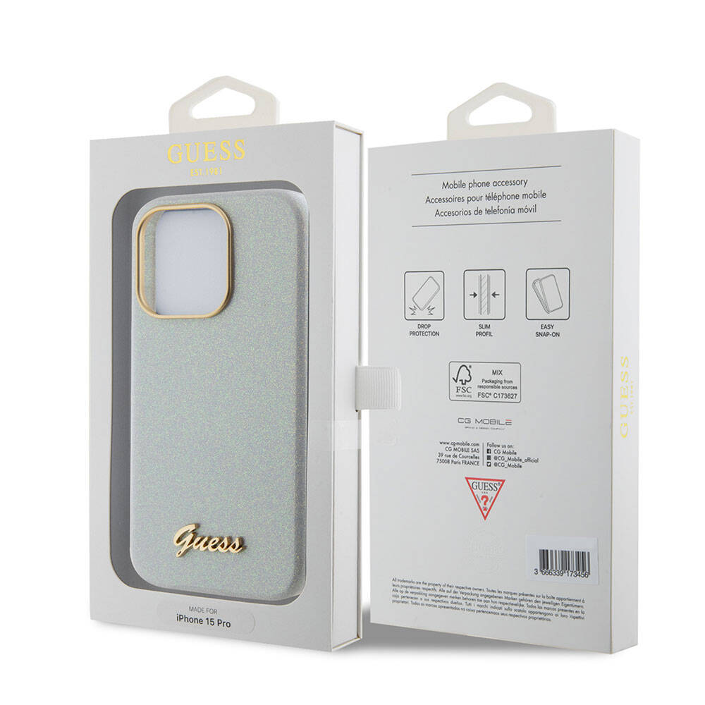 Apple iPhone 15 Pro Case Guess Original Licensed Glitter Glossy Script Cover Khaki with Text Logo