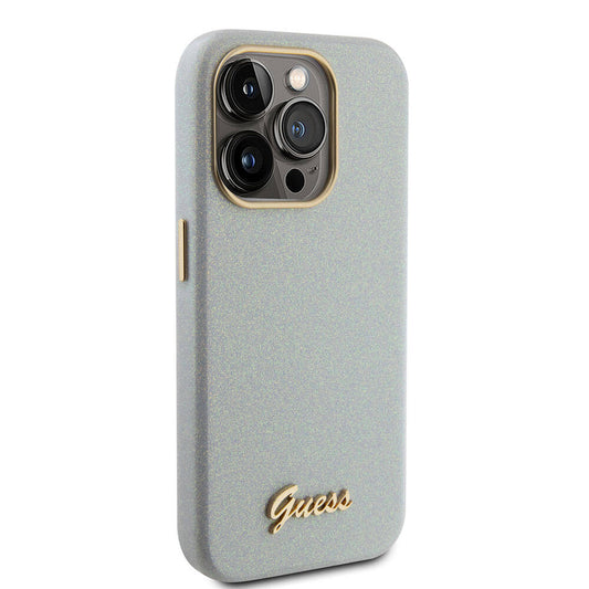 Apple iPhone 15 Pro Case Guess Original Licensed Glitter Glossy Script Cover Gray with Text Logo