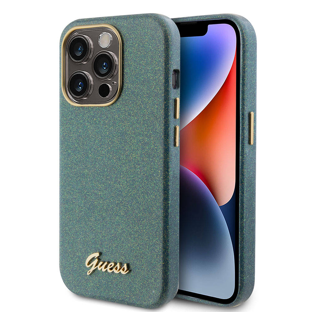 Apple iPhone 15 Pro Case Guess Original Licensed Glitter Glossy Script Cover Gold with Text Logo