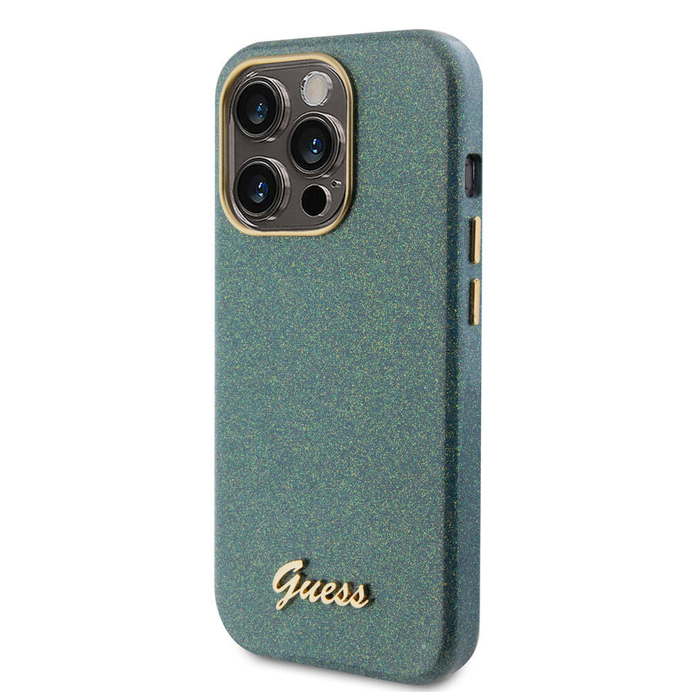Apple iPhone 15 Pro Case Guess Original Licensed Glitter Glossy Script Cover Gold with Text Logo