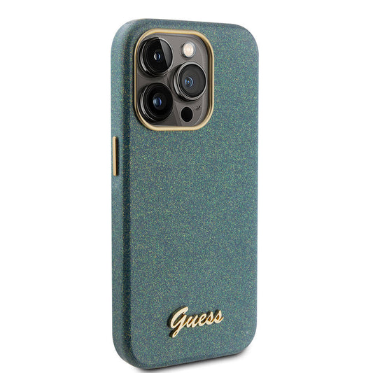 Apple iPhone 15 Pro Case Guess Original Licensed Glitter Glossy Script Cover Khaki with Text Logo