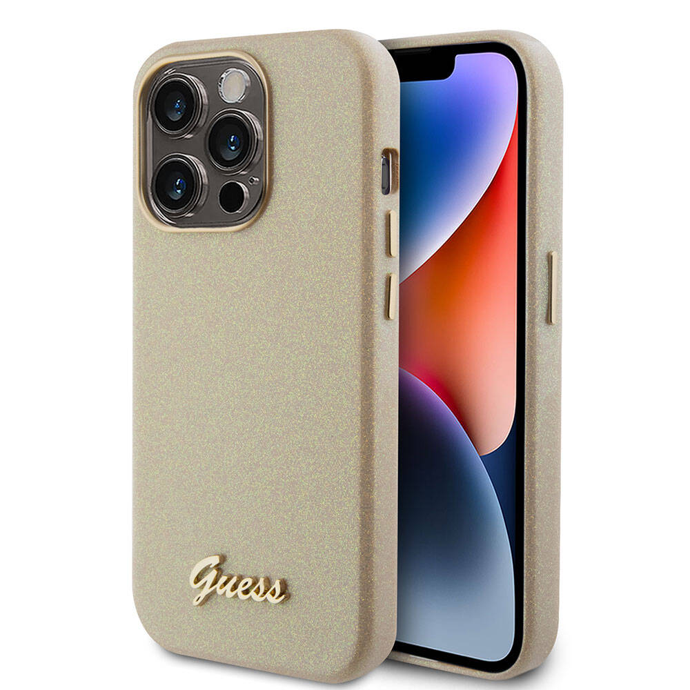 Apple iPhone 15 Pro Case Guess Original Licensed Glitter Glossy Script Cover Gold with Text Logo