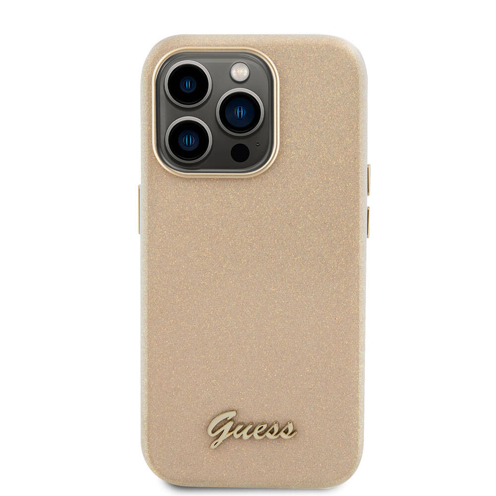 Apple iPhone 15 Pro Case Guess Original Licensed Glitter Glossy Script Cover Khaki with Text Logo