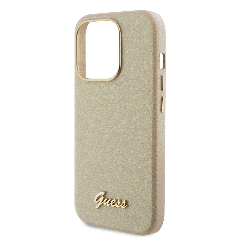 Apple iPhone 15 Pro Case Guess Original Licensed Glitter Glossy Script Cover Khaki with Text Logo