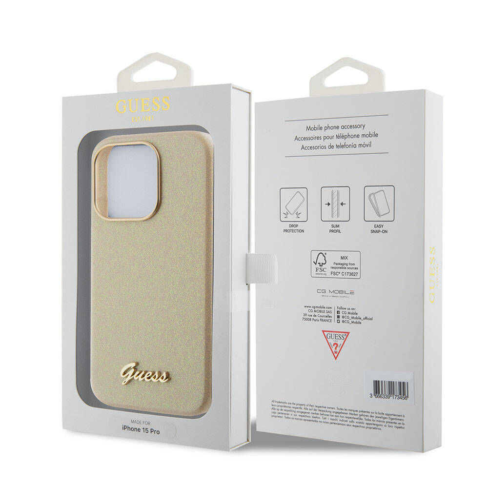 Apple iPhone 15 Pro Case Guess Original Licensed Glitter Glossy Script Cover Khaki with Text Logo