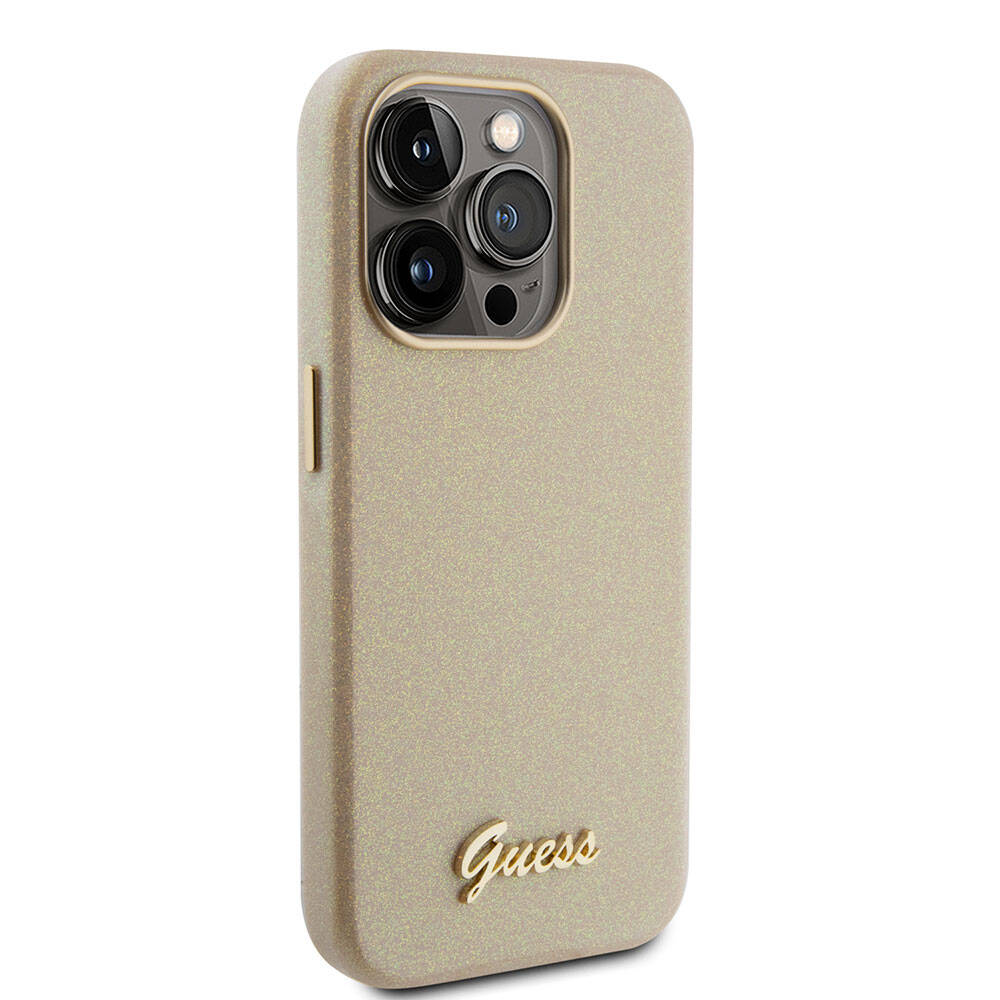 Apple iPhone 15 Pro Case Guess Original Licensed Glitter Glossy Script Cover Gold with Text Logo