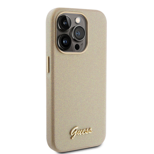 Apple iPhone 15 Pro Case Guess Original Licensed Glitter Glossy Script Cover Gold with Text Logo