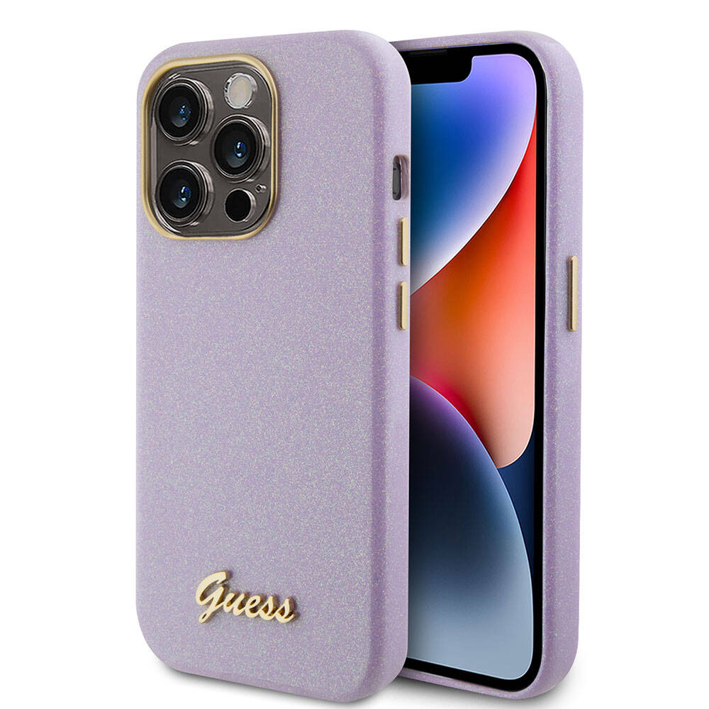 Apple iPhone 15 Pro Case Guess Original Licensed Glitter Glossy Script Cover Khaki with Text Logo