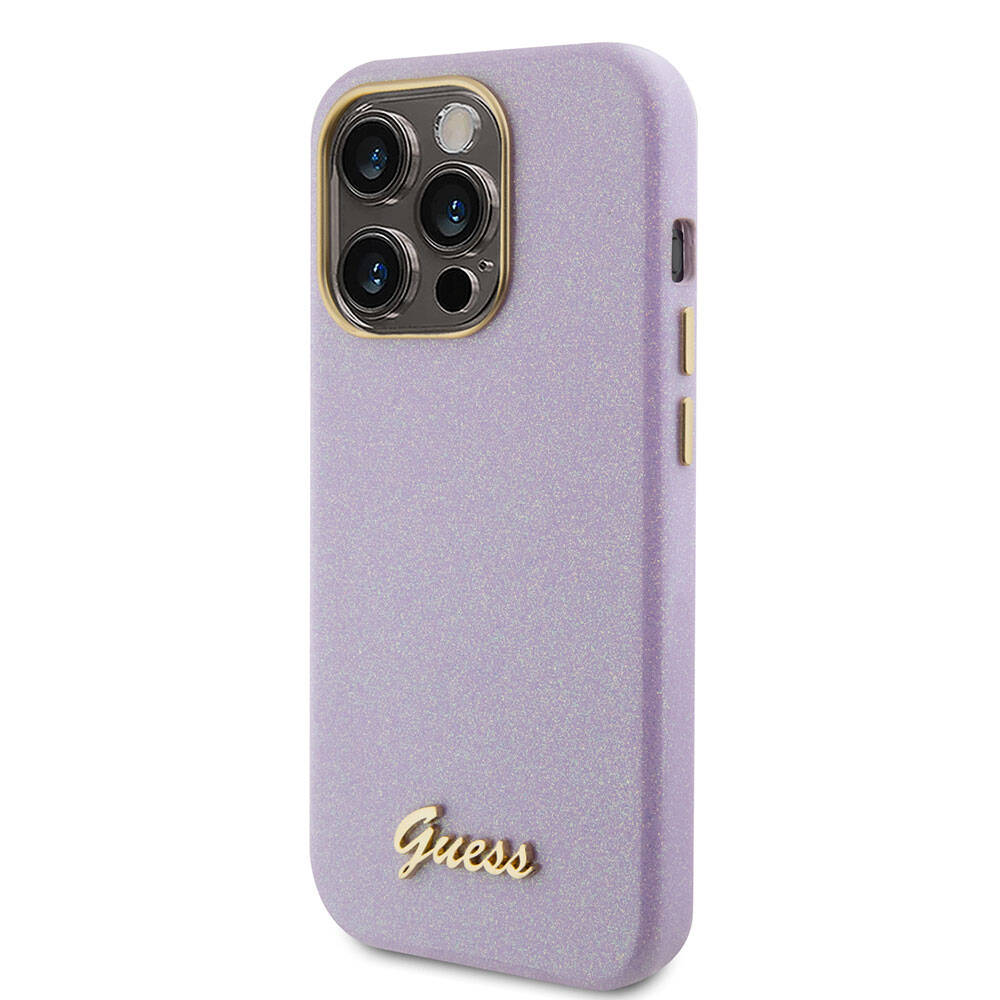 Apple iPhone 15 Pro Case Guess Original Licensed Glitter Glossy Script Cover Gold with Text Logo