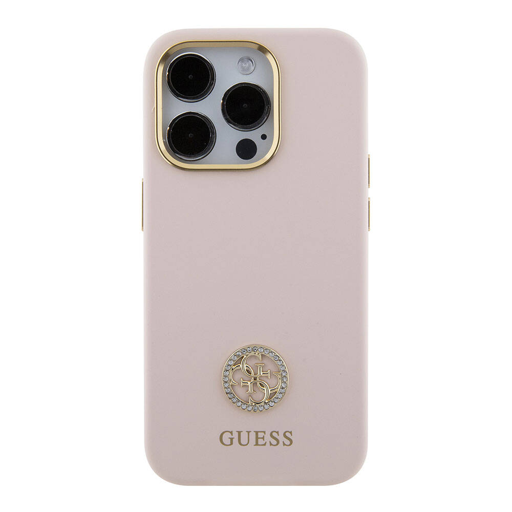 Apple iPhone 15 Pro Case Guess Original Licensed Writing and Stone 4G Logo Metal Camera Frame Silicone Cover Pink 