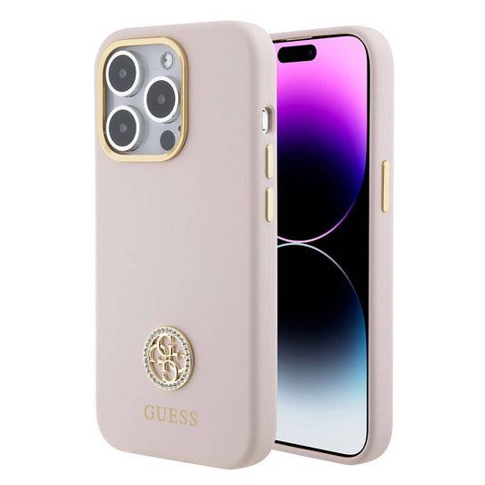 Apple iPhone 15 Pro Case Guess Original Licensed Writing and Stone 4G Logo Metal Camera Frame Silicone Cover Pink 