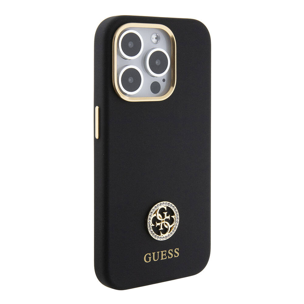 Apple iPhone 15 Pro Case Guess Original Licensed Writing and Stone 4G Logo Metal Camera Frame Silicone Cover Black