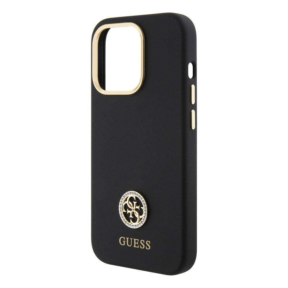 Apple iPhone 15 Pro Case Guess Original Licensed Writing and Stone 4G Logo Metal Camera Frame Silicone Cover Black