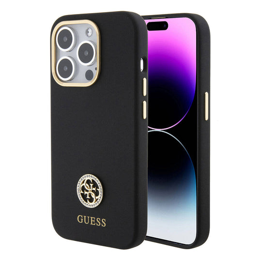 Apple iPhone 15 Pro Case Guess Original Licensed Writing and Stone 4G Logo Metal Camera Frame Silicone Cover Black