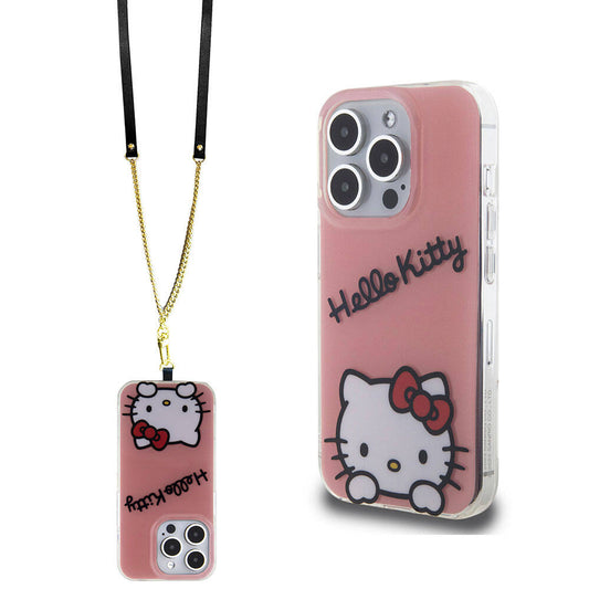 Apple iPhone 15 Pro Case Hello Kitty Original Licensed Strap Cover with Text and Iconic Logo Daydreaming Pink 