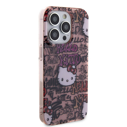 Apple iPhone 15 Pro Kılıf Hello Kitty Orjinal Lisanslı İkonik Logolu Etiket Graffiti Kapak Beyaz