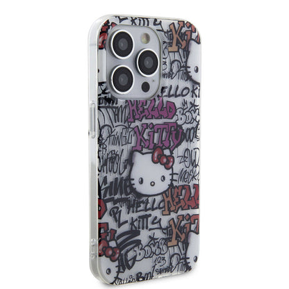 Apple iPhone 15 Pro Kılıf Hello Kitty Orjinal Lisanslı İkonik Logolu Etiket Graffiti Kapak Beyaz