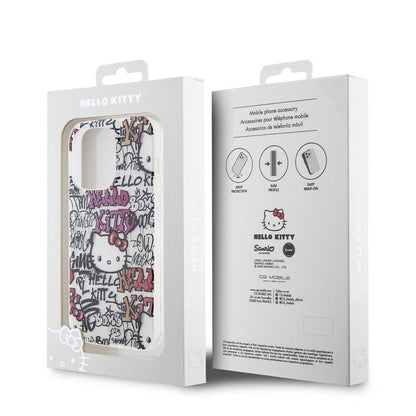 Apple iPhone 15 Pro Kılıf Hello Kitty Orjinal Lisanslı İkonik Logolu Etiket Graffiti Kapak Beyaz