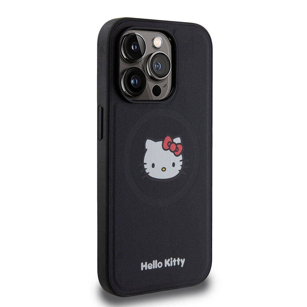 Apple iPhone 15 Pro Kılıf Hello Kitty Orjinal Lisanslı M-safe Şarj Özellikli Kitty Head Deri Kapak Gold