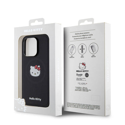 Apple iPhone 15 Pro Kılıf Hello Kitty Orjinal Lisanslı M-safe Şarj Özellikli Kitty Head Deri Kapak Siyah