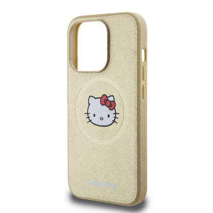 Apple iPhone 15 Pro Kılıf Hello Kitty Orjinal Lisanslı M-safe Şarj Özellikli Kitty Head Deri Kapak Gold