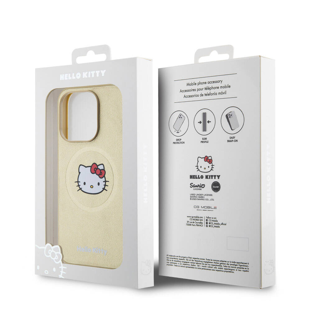 Apple iPhone 15 Pro Kılıf Hello Kitty Orjinal Lisanslı M-safe Şarj Özellikli Kitty Head Deri Kapak Siyah
