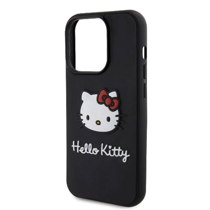 Apple iPhone 15 Pro Kılıf Hello Kitty Orjinal Lisanslı Yazı ve İkonik Logolu 3D Rubber Kitty Head Kapak Siyah