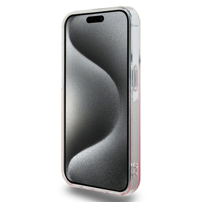 Apple iPhone 15 Pro Kılıf Hello Kitty Orjinal Lisanslı Yazı ve İkonik Logolu Elektroplating Kaplama Gradyan Kapak Pembe