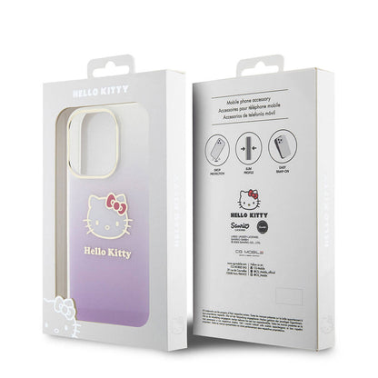 Apple iPhone 15 Pro Kılıf Hello Kitty Orjinal Lisanslı Yazı ve İkonik Logolu Elektroplating Kaplama Gradyan Kapak Pembe