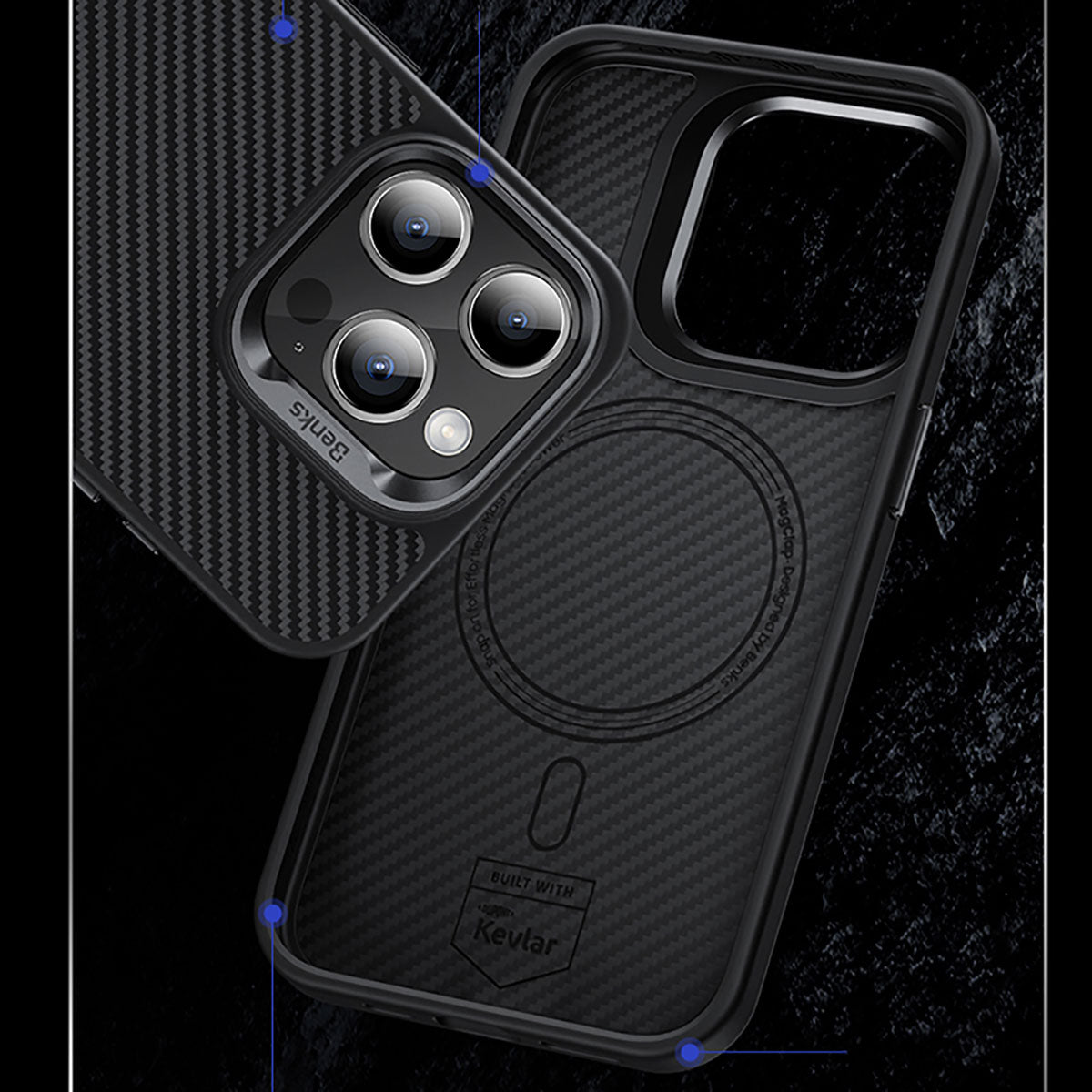 Apple iPhone 15 Pro Case Carbon Fiber M-Safe Charging Feature Benks Hybrid ArmorPro 600D Kevlar Cover Black 