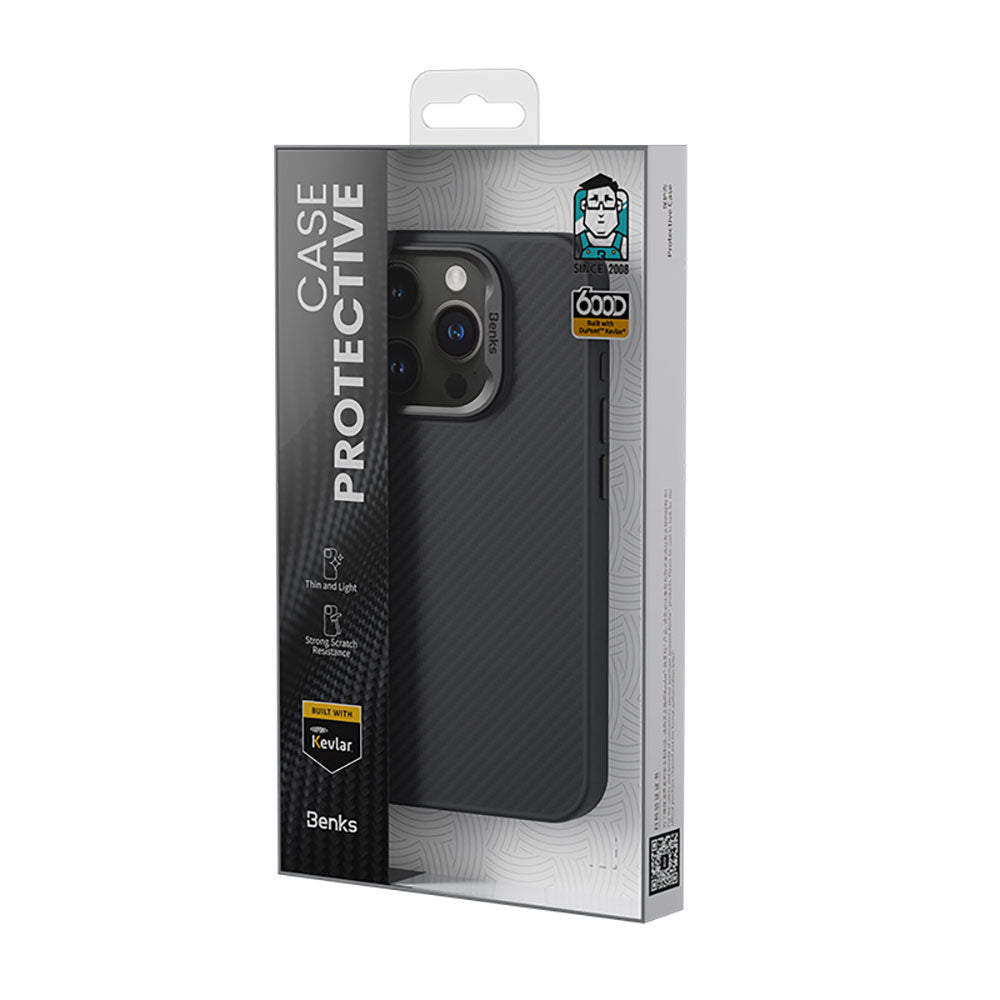 Apple iPhone 15 Pro Case Carbon Fiber M-Safe Charging Feature Benks Hybrid ArmorPro 600D Kevlar Cover Black 