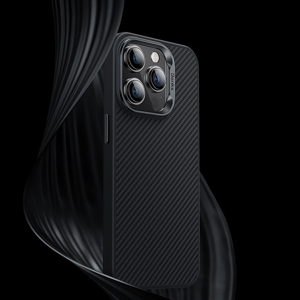 Apple iPhone 15 Pro Case Carbon Fiber M-Safe Charging Feature Benks Hybrid ArmorPro 600D Kevlar Cover Black 