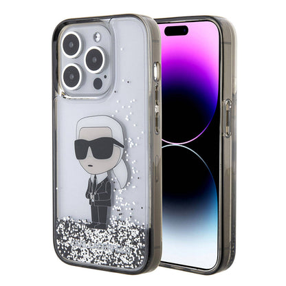 Apple iPhone 15 Pro Kılıf Karl Lagerfeld İkonik Sıvılı Glitter Orjinal Lisanslı Kapak Renksiz