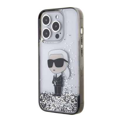 Apple iPhone 15 Pro Kılıf Karl Lagerfeld İkonik Sıvılı Glitter Orjinal Lisanslı Kapak Renksiz