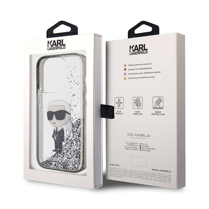 Apple iPhone 15 Pro Kılıf Karl Lagerfeld İkonik Sıvılı Glitter Orjinal Lisanslı Kapak Renksiz
