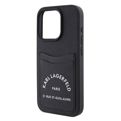 Apple iPhone 15 Pro Kılıf Karl Lagerfeld Kartlıklı Saffiano 3D RSG Logo Orjinal Lisanslı Kapak Siyah