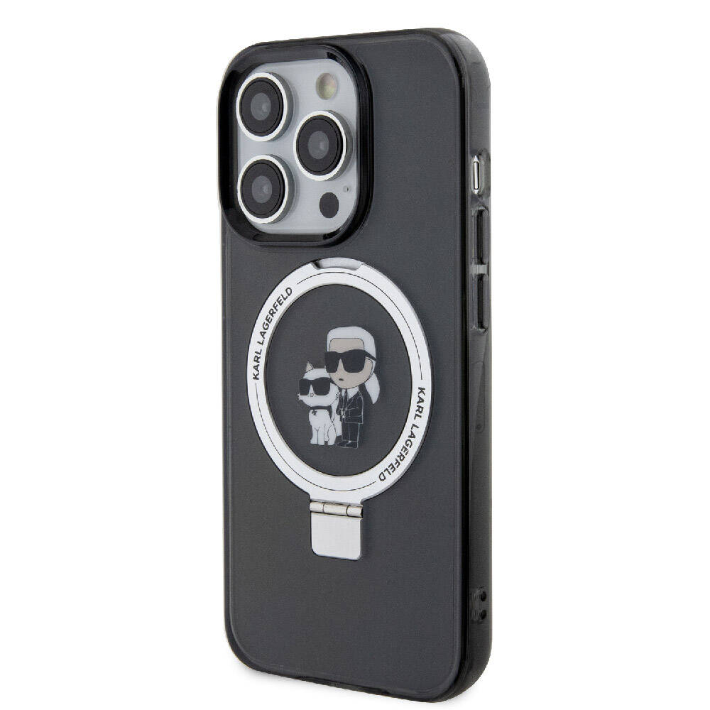 Apple iPhone 15 Pro Kılıf Karl Lagerfeld Orjinal Lisanslı M-safe Şarj Özellikli K&C İkonik Baskılı Ring Standlı Kapak Siyah