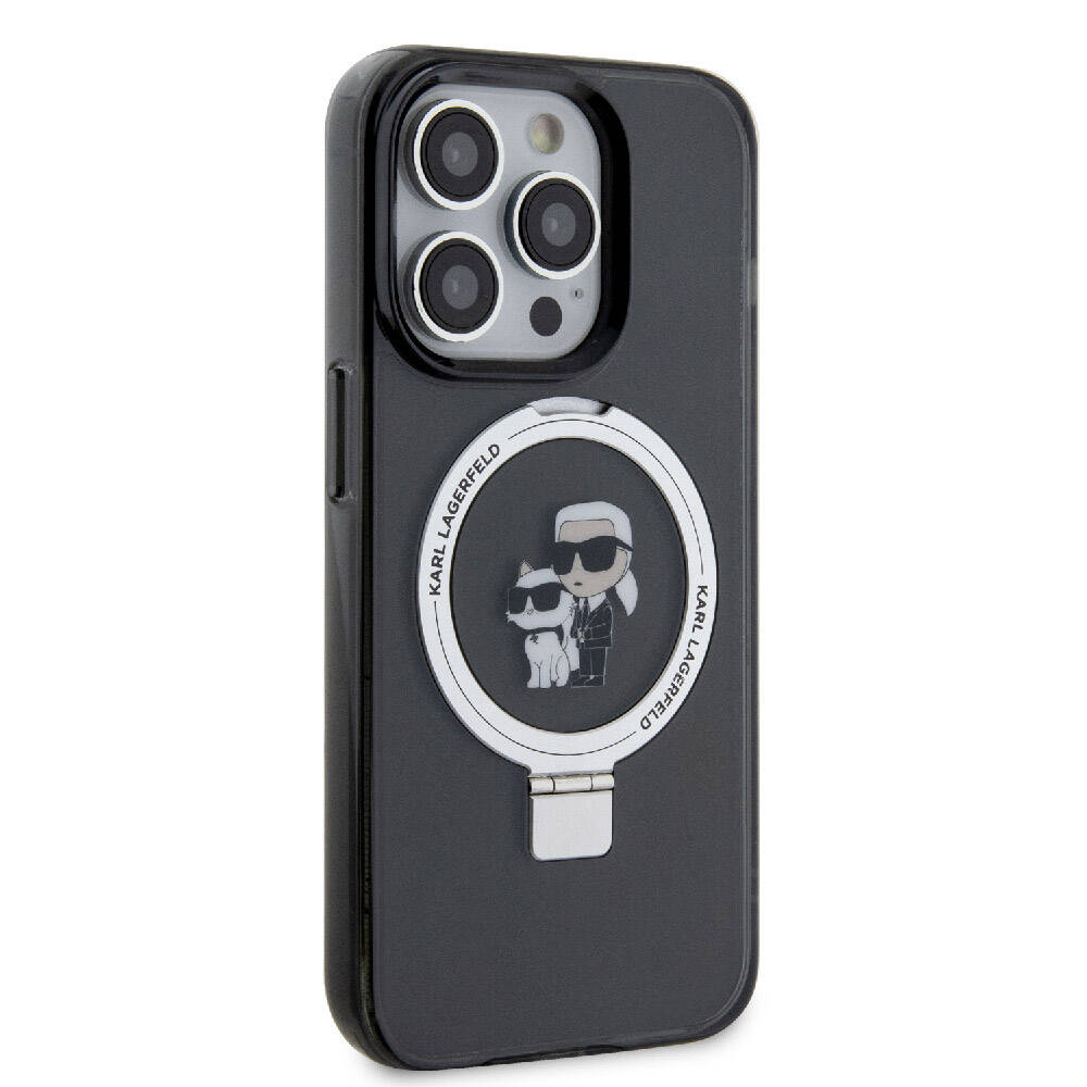 Apple iPhone 15 Pro Kılıf Karl Lagerfeld Orjinal Lisanslı M-safe Şarj Özellikli K&C İkonik Baskılı Ring Standlı Kapak Siyah