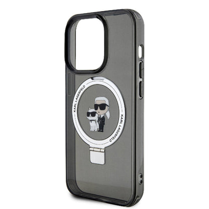 Apple iPhone 15 Pro Kılıf Karl Lagerfeld Orjinal Lisanslı M-safe Şarj Özellikli K&C İkonik Baskılı Ring Standlı Kapak Siyah