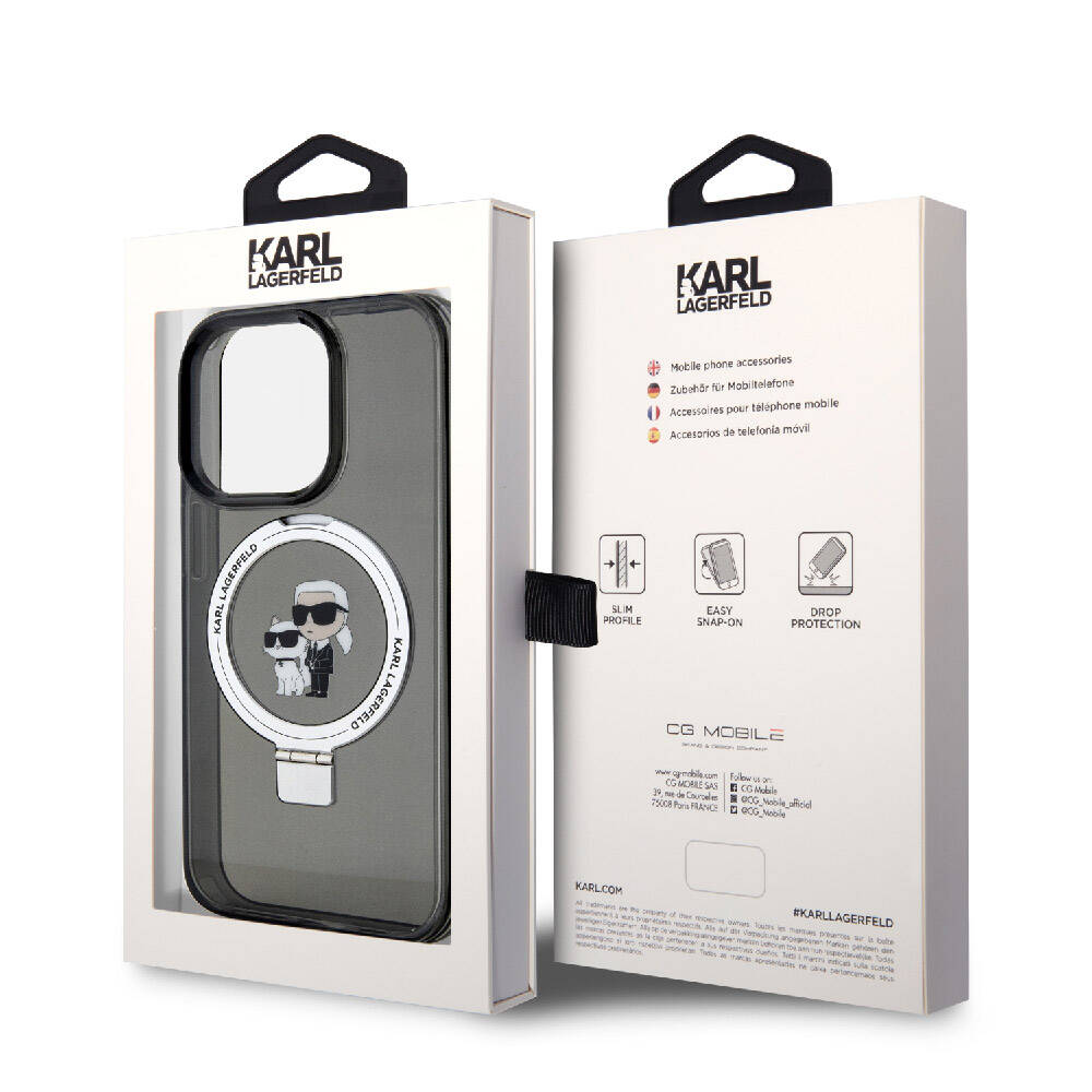 Apple iPhone 15 Pro Kılıf Karl Lagerfeld Orjinal Lisanslı M-safe Şarj Özellikli K&C İkonik Baskılı Ring Standlı Kapak Siyah