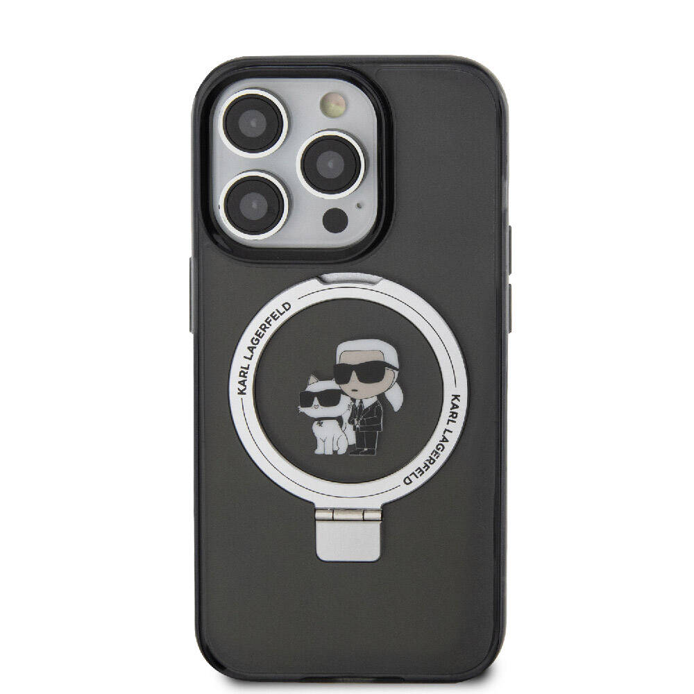 Apple iPhone 15 Pro Kılıf Karl Lagerfeld Orjinal Lisanslı M-safe Şarj Özellikli K&C İkonik Baskılı Ring Standlı Kapak Siyah